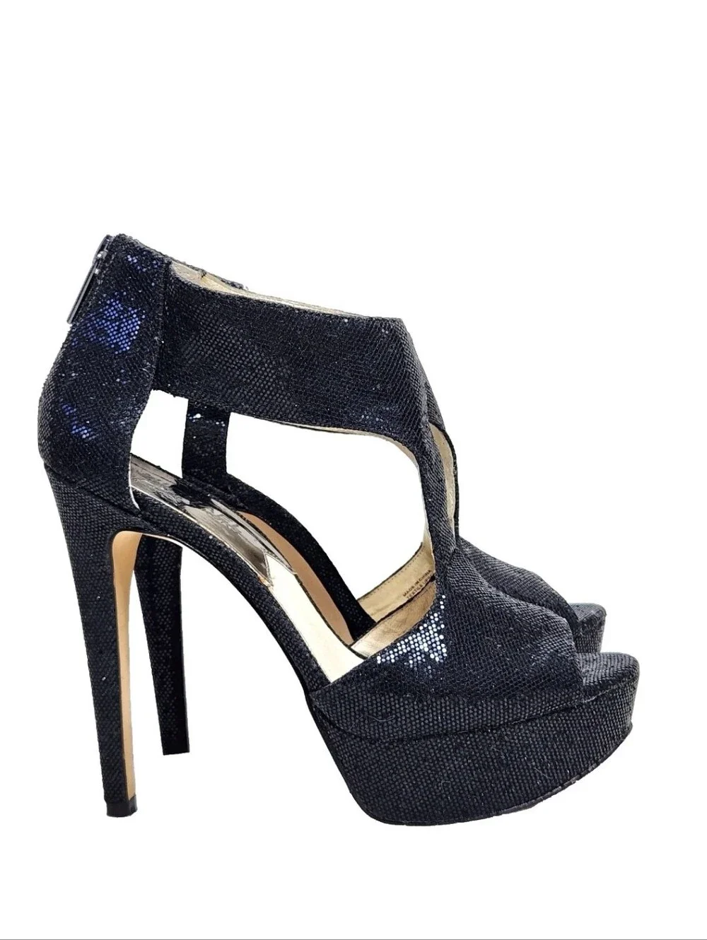 MICHAEL KORS Sparkle Platform Heels Sz 7 Black Ankle T-Strap Cut-Out Back Zip